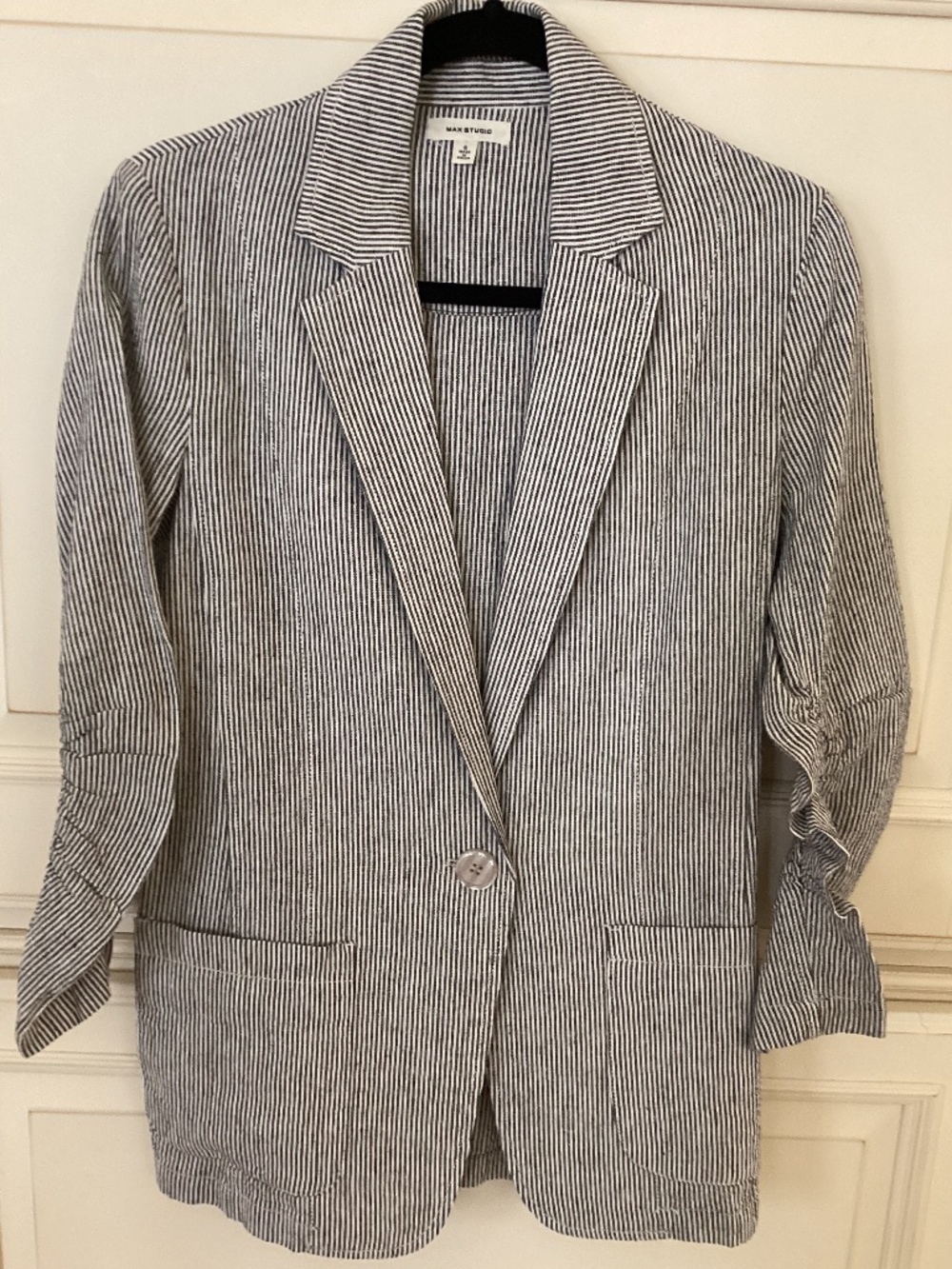 MAX STUDIO - WOMENS BLACK WHITE PINSTRIPED COTTON JACKET - SIZE S